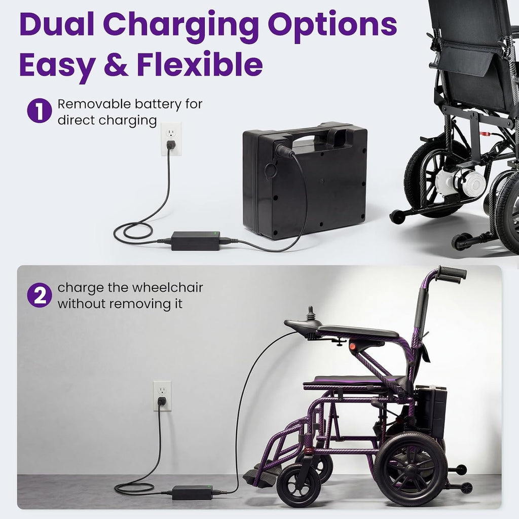Electric Wheelchairs for Adults，Lightweight Foldable Wheelchair 15 Miles Long Travel Range, 360° Joystick Control Motorized Wheelchair, Support 286 lbs with LED Light Power Wheelchair (Purple)