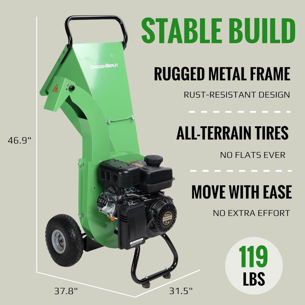 S3 Gas-Powered Wood Chipper Shredder, 7HP, 3" Max Diameter, Heavy Duty