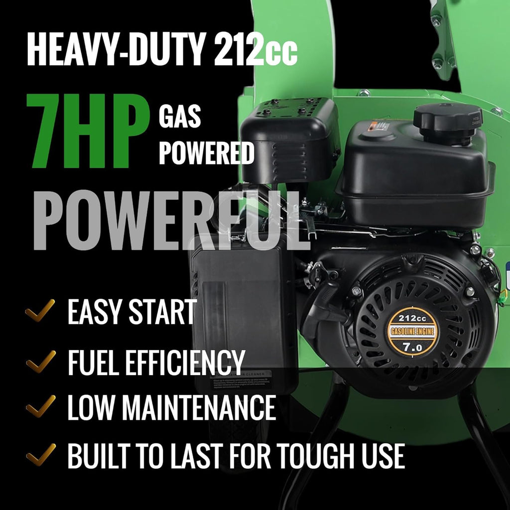 S3 Gas-Powered Wood Chipper Shredder, 7HP, 3" Max Diameter, Heavy Duty