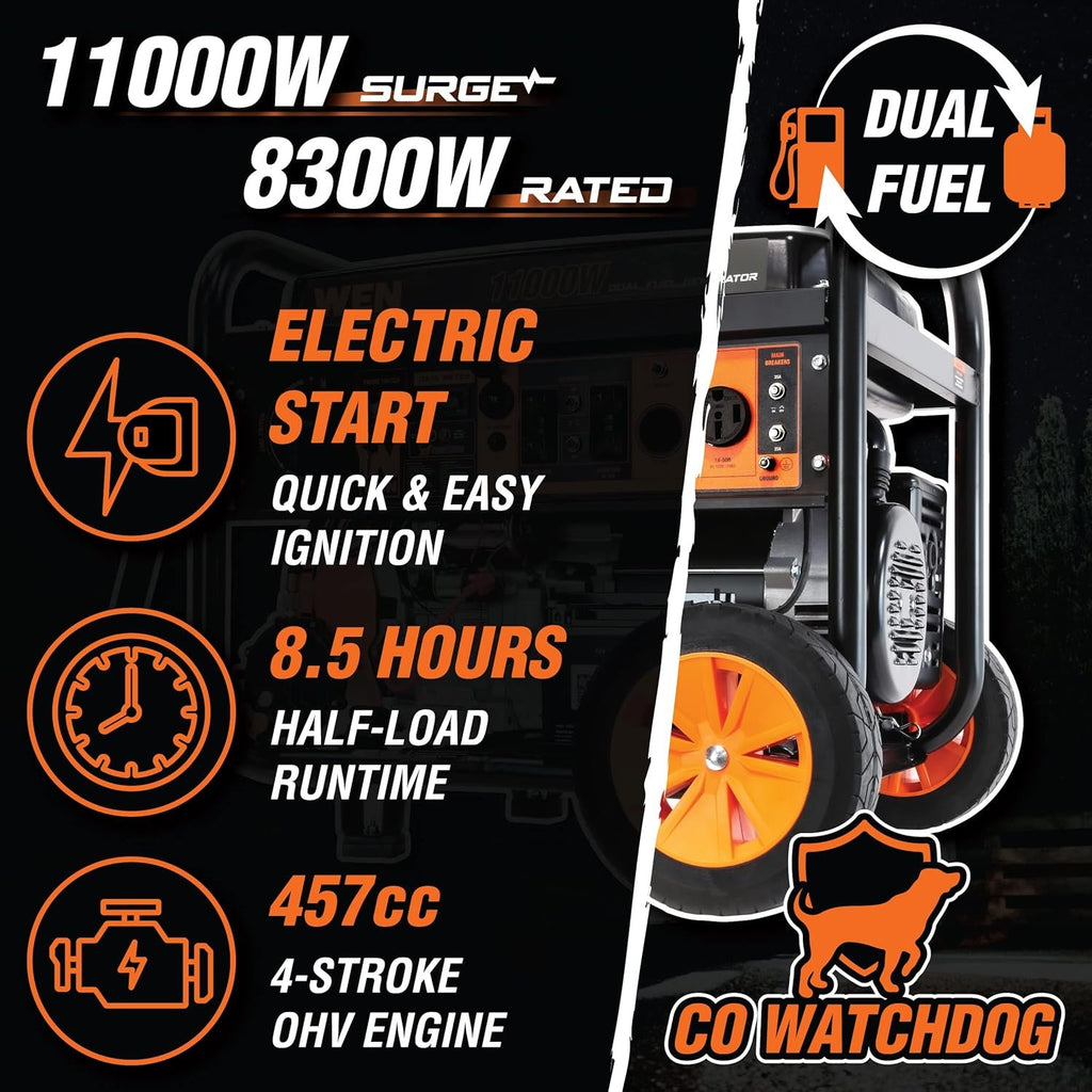 WEN 11000W Dual Fuel Portable Generator 120V/240V Electric Start Wheel Kit DF1100T