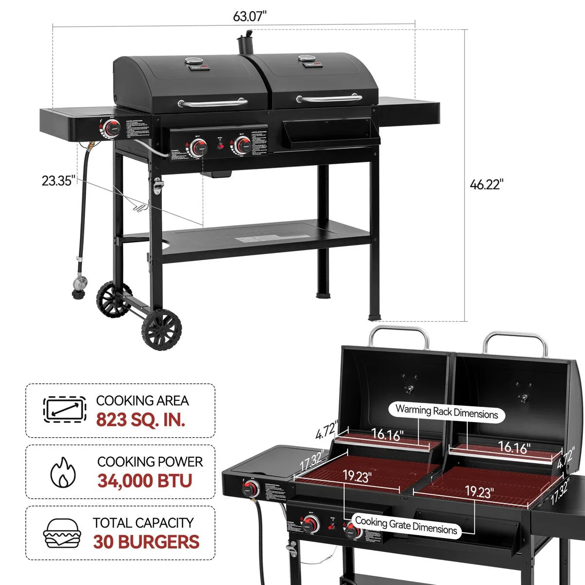 2-Burner Gas and Charcoal Combo Grill with Side Burner