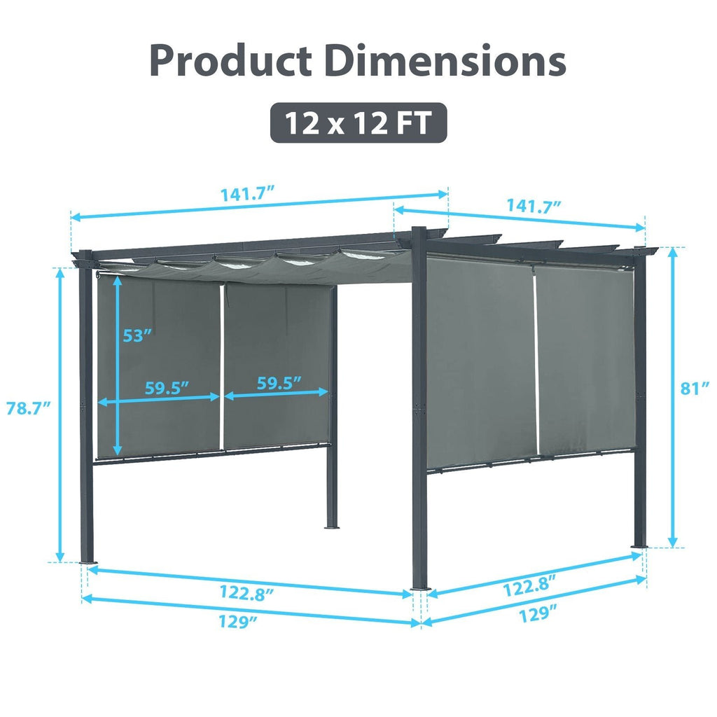 12x12 FT Waterproof Pergola with Retractable Canopy, Dark Gray Aluminum Frame, Roller Shade Curtain for Patio