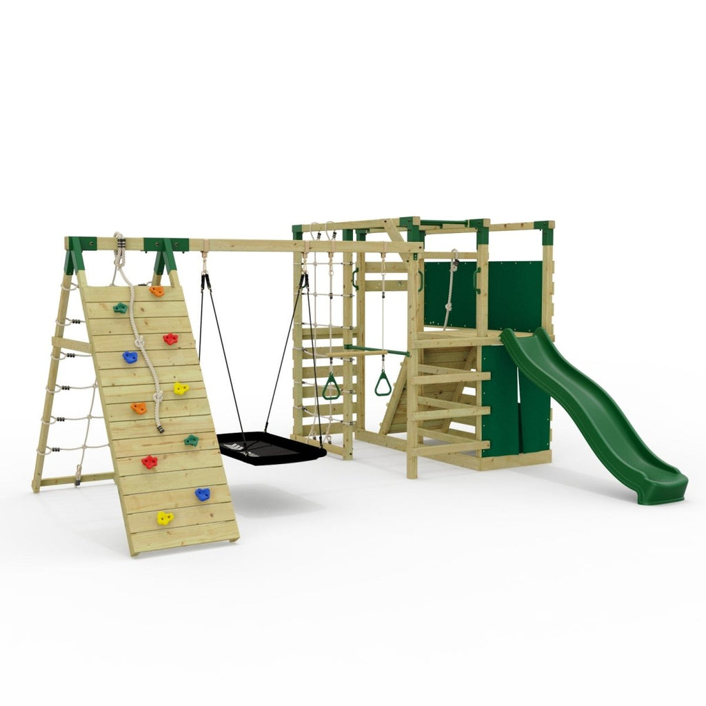 NinjaPlay Climbing Frame Double Swing Set with Climbing Wall and Slide