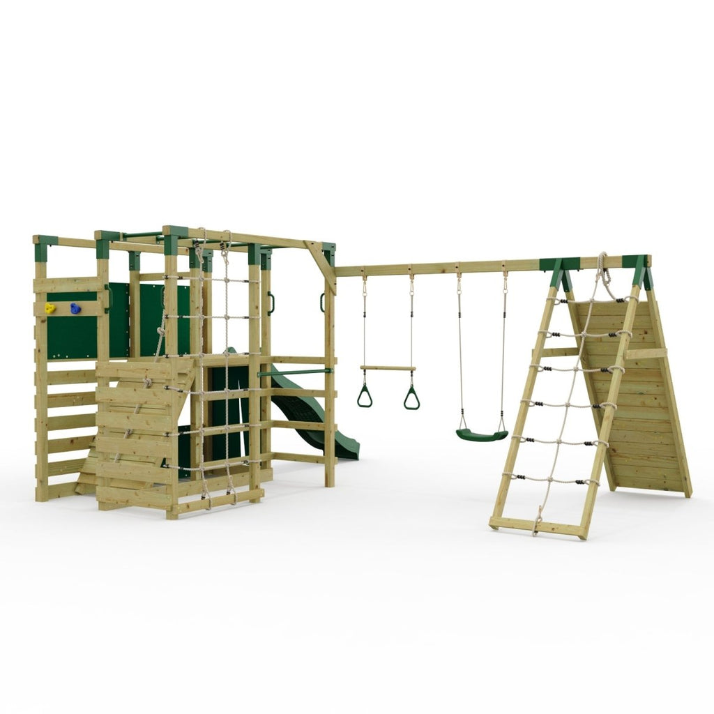 NinjaPlay Climbing Frame Double Swing Set with Climbing Wall and Slide