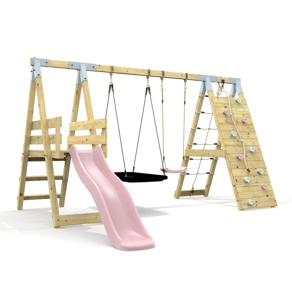 PolarPlay Premium Double Swing Set with Climbing Wall and Slide