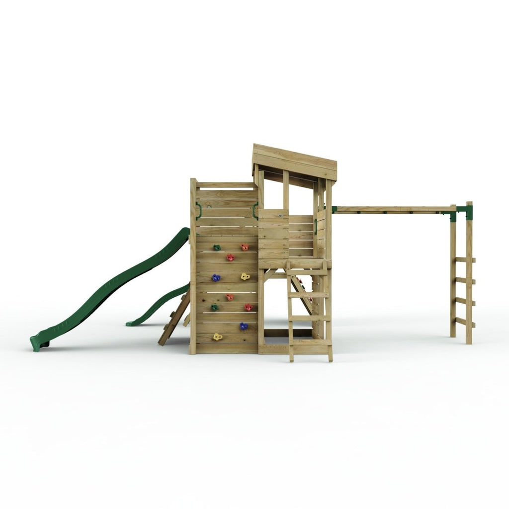 ClassicPlay Sentinel XL Lookout Tower with 3 Decks, Single Swing, Monkey Bars, Climbing Wall and Slides