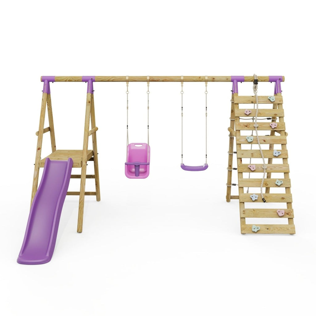 Rebo Double Swing Set with Climbing Wall and Slide - Moonstone Purple
