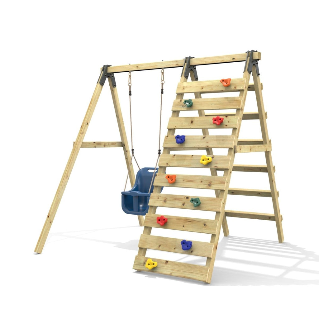 Rebo Glide Wooden Single Swing Sets with Climbing Wall and Swing Seat – Lavender