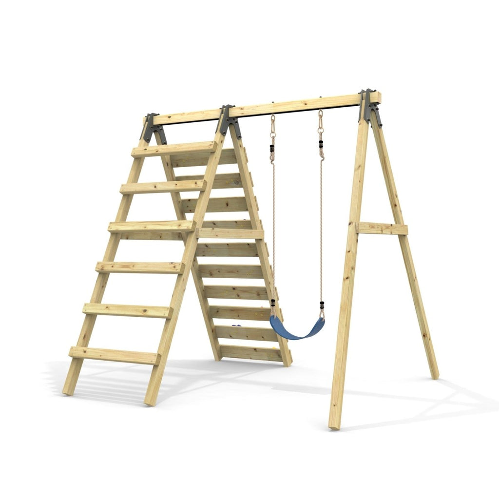 Rebo Glide Wooden Single Swing Sets with Climbing Wall and Swing Seat – Lavender