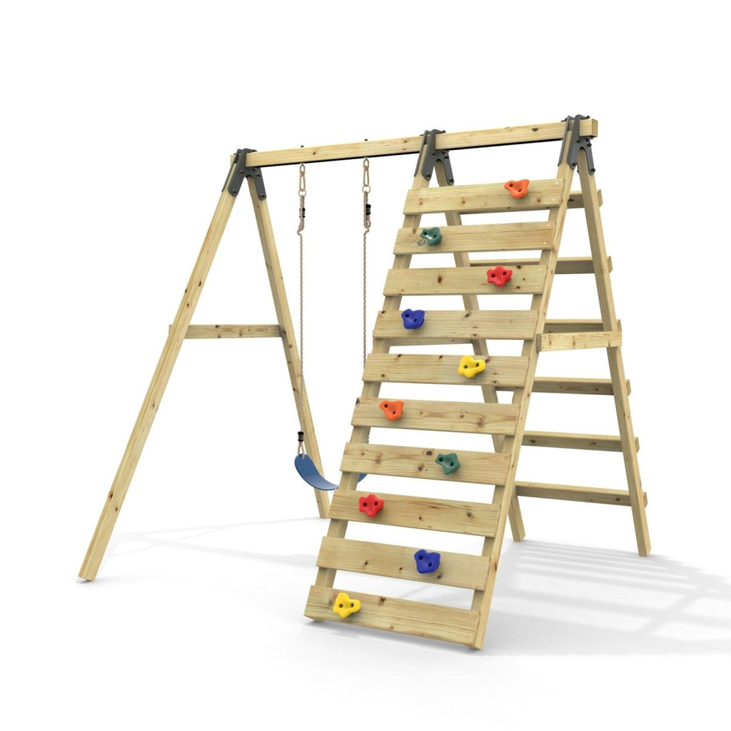 Rebo Glide Wooden Single Swing Sets with Climbing Wall and Swing Seat – Lavender