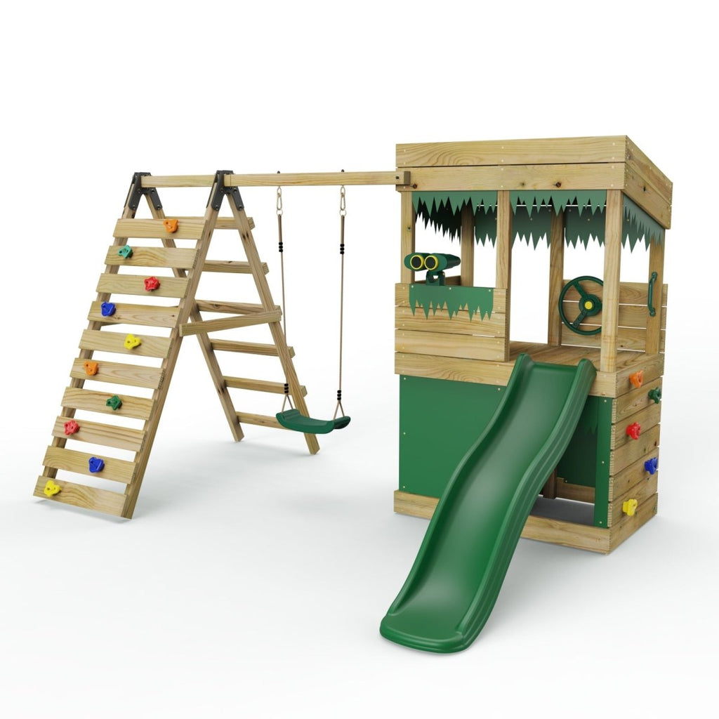 ClassicPlay Premium Lookout Tower With 0.9m Deck, Single Swing, Slide, Climbing Wall, Adventure and Den Packs