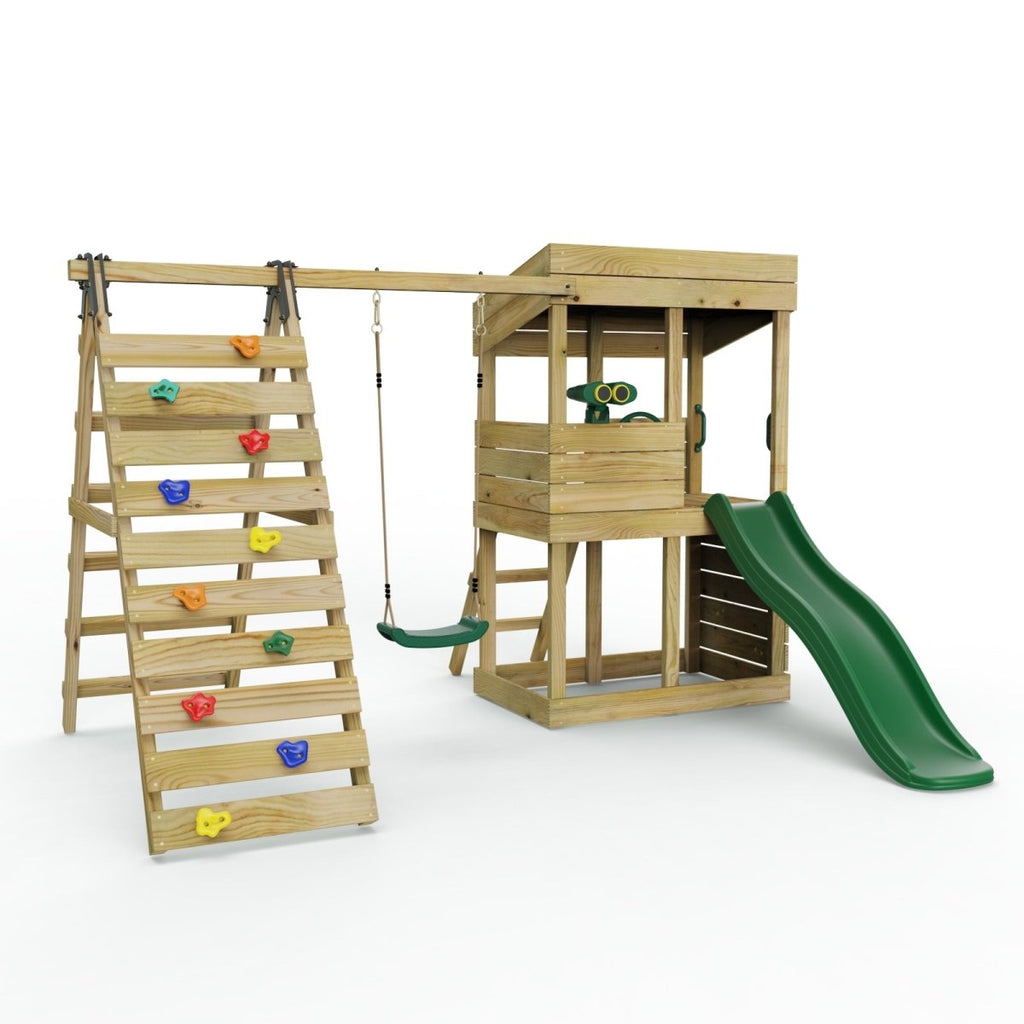 ClassicPlay Premium Lookout Tower With 0.9m Deck, Single Swing, Slide, Climbing Wall and Adventure Pack