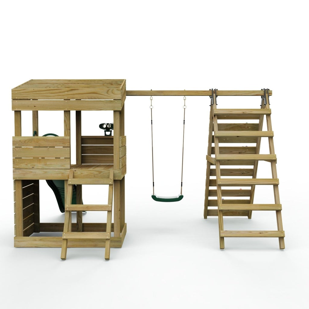ClassicPlay Premium Lookout Tower With 0.9m Deck, Single Swing, Slide, Climbing Wall and Adventure Pack