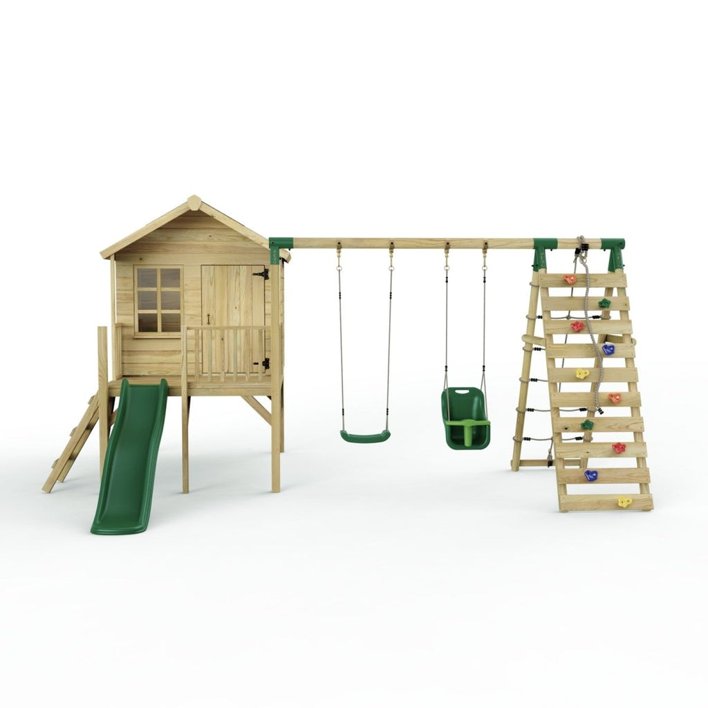 Rebo Playhouse and Double Swing Set with Climbing Wall and Slide - Luna Green