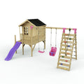 Rebo Playhouse and Double Swing Set with Climbing Wall and Slide - Luna Purple