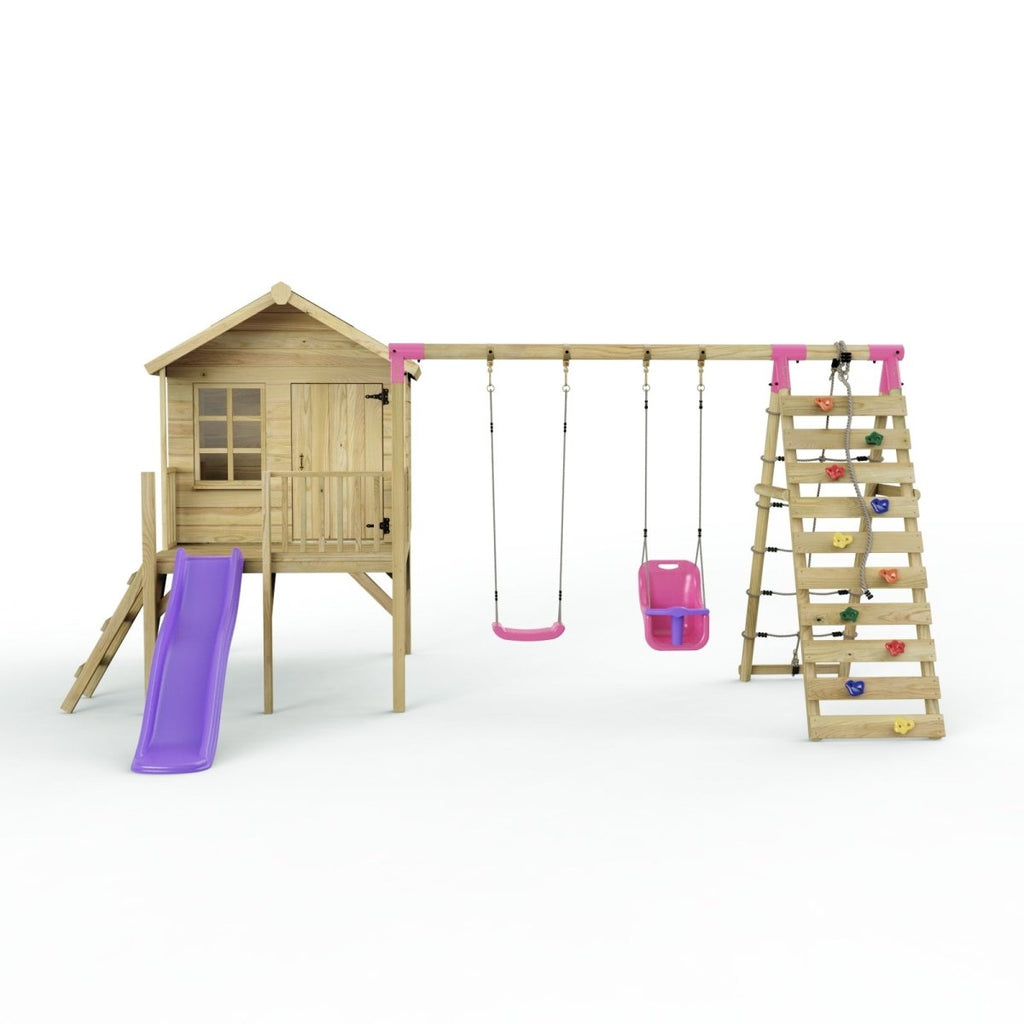 Rebo Playhouse and Double Swing Set with Climbing Wall and Slide - Luna Purple