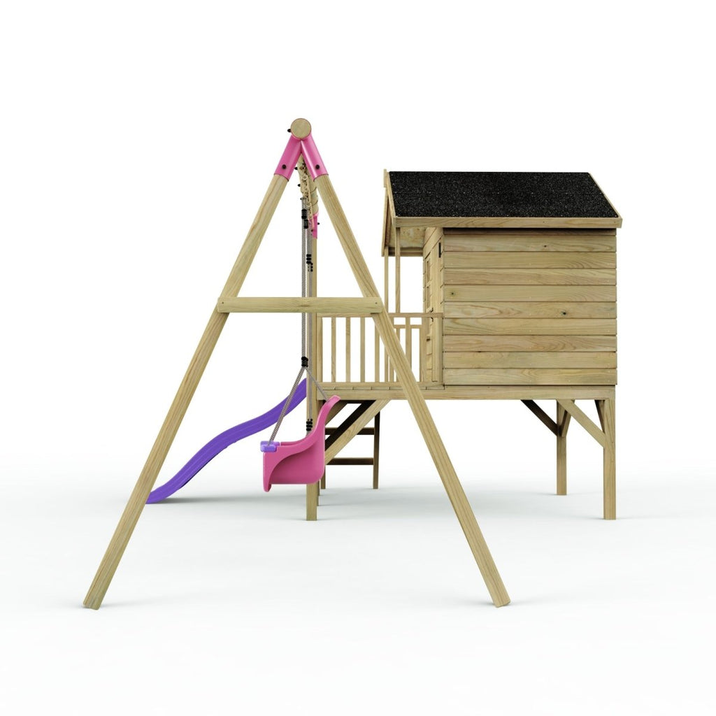 Rebo Playhouse and Double Swing Set with Slide - Luna Purple