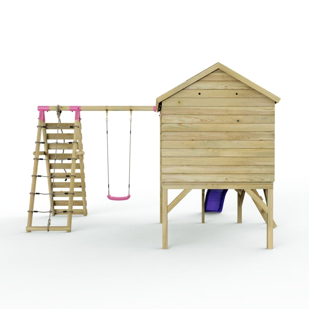 Rebo Playhouse and Single Swing Set with Climbing Wall and Slide - Solar Purple
