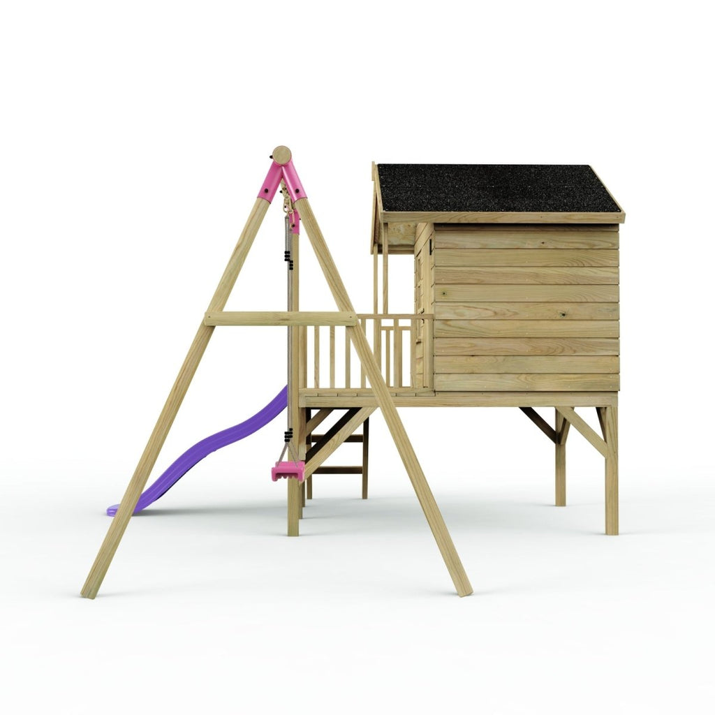 Rebo Playhouse and Single Swing Set with Slide - Solar Purple
