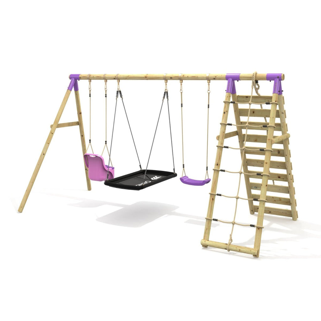 Rebo Triple Swing Set with Climbing Wall - Skye Purple