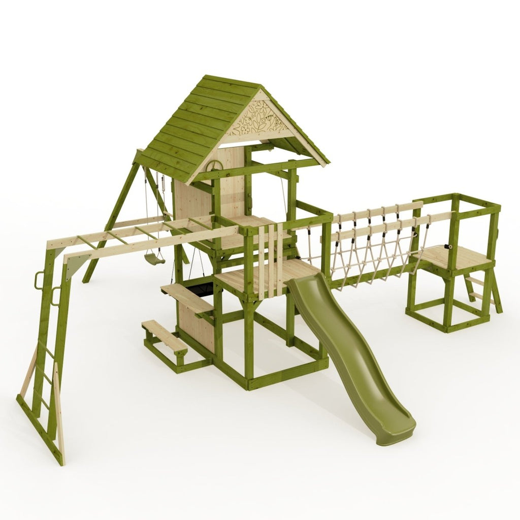 Rebo Wildwood Burrow Climbing Frame with Triple Swing, Monkey Bars, Climbing Wall and Wave Slide