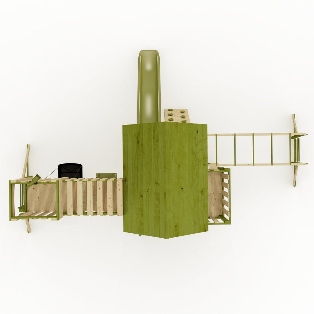 Rebo Wildwood Haven Tower Playhouse with Double Swing, Monkey Bars, Climbing Wall and Wave Slide