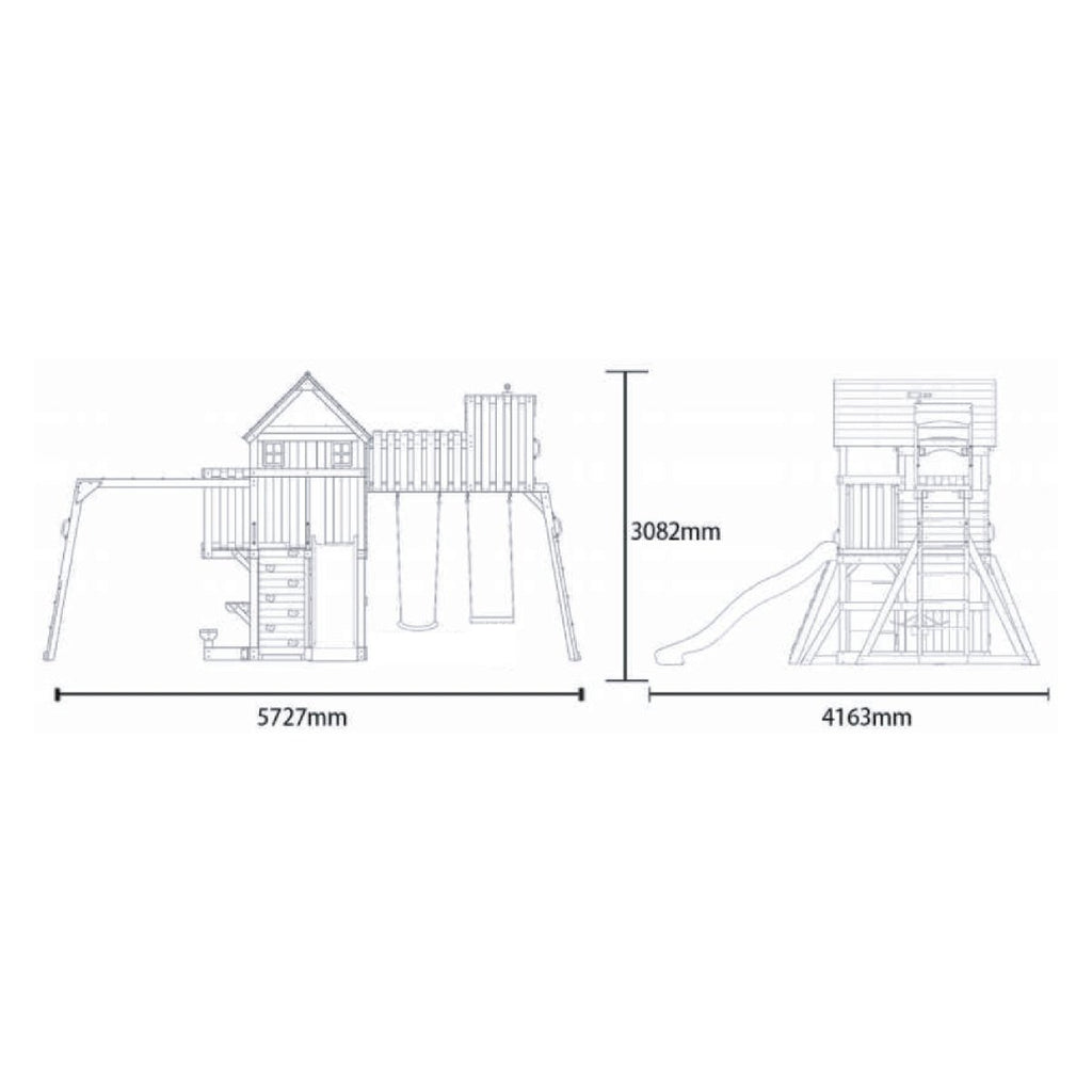 Rebo Wildwood Haven Tower Playhouse with Double Swing, Monkey Bars, Climbing Wall and Wave Slide