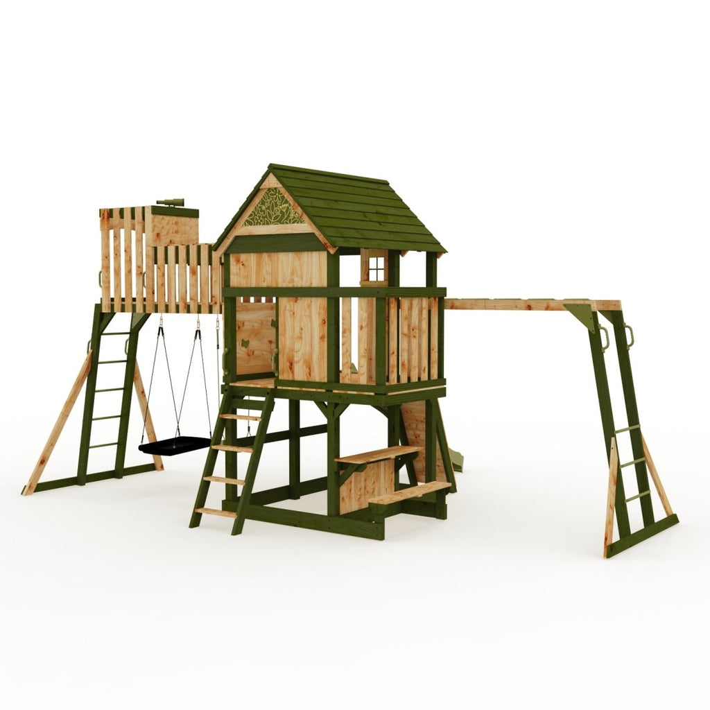 Rebo Wildwood Haven Tower Playhouse with Double Swing, Monkey Bars, Climbing Wall and Wave Slide