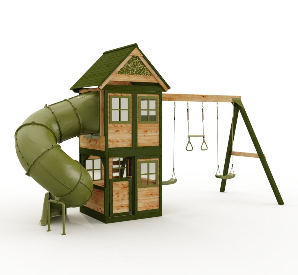 Rebo Wildwood Twist Tower Playhouse with Triple Swing and Spiral Slide
