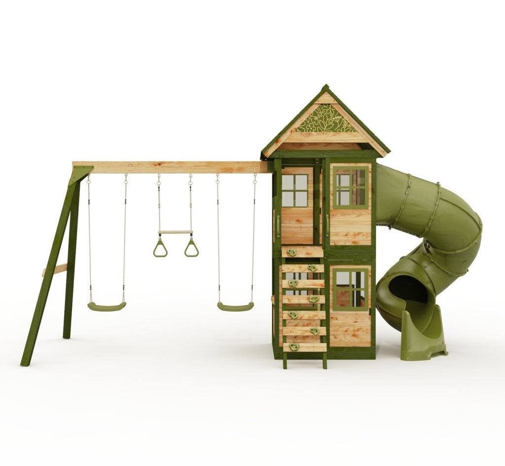 Rebo Wildwood Twist Tower Playhouse with Triple Swing and Spiral Slide