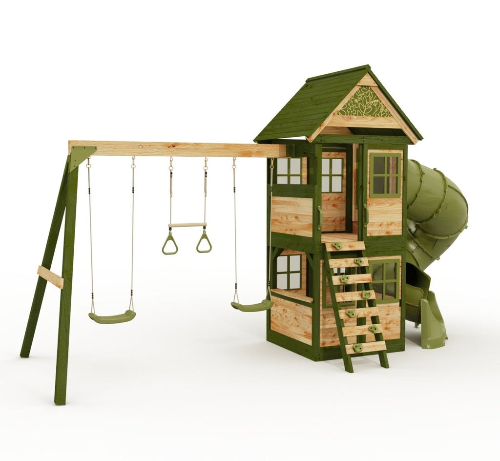Rebo Wildwood Twist Tower Playhouse with Triple Swing and Spiral Slide