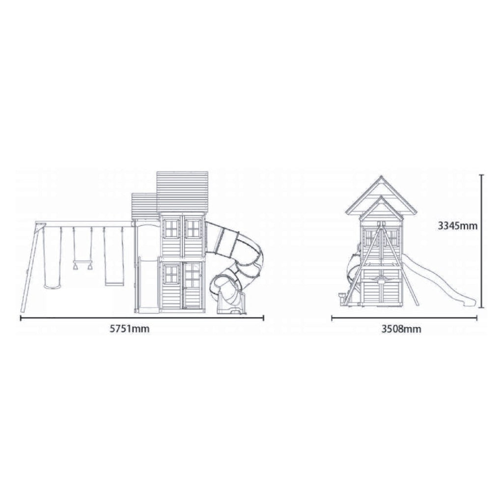 Rebo Wildwood Warren Tower Playhouse with Triple Swing, Wave Slide and Spiral Slide