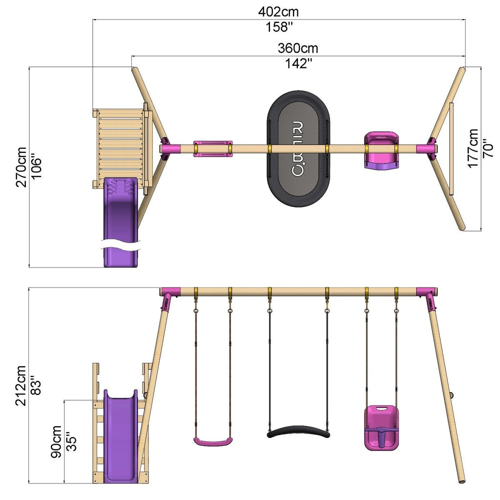 Rebo Triple Swing Set with Slide - Halley Purple