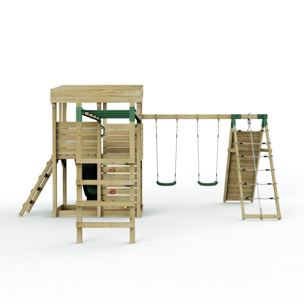 ClassicPlay Outpost XL Lookout Tower with 1.2m Deck, Double Swing, Monkey Bars, Climbing Wall and Slide