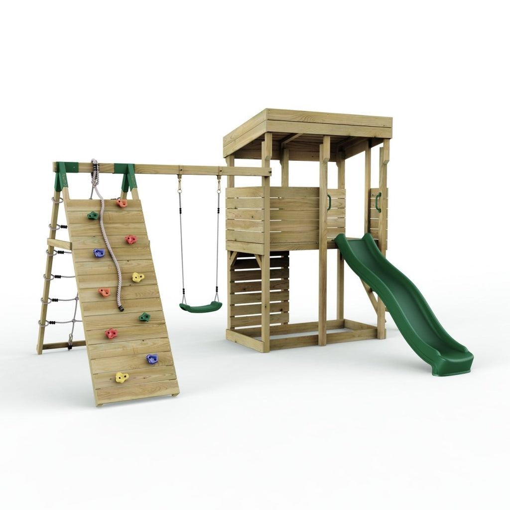 ClassicPlay Outpost XL Lookout Tower with 1.2m Deck, Single Swing, Climbing Wall and Slide