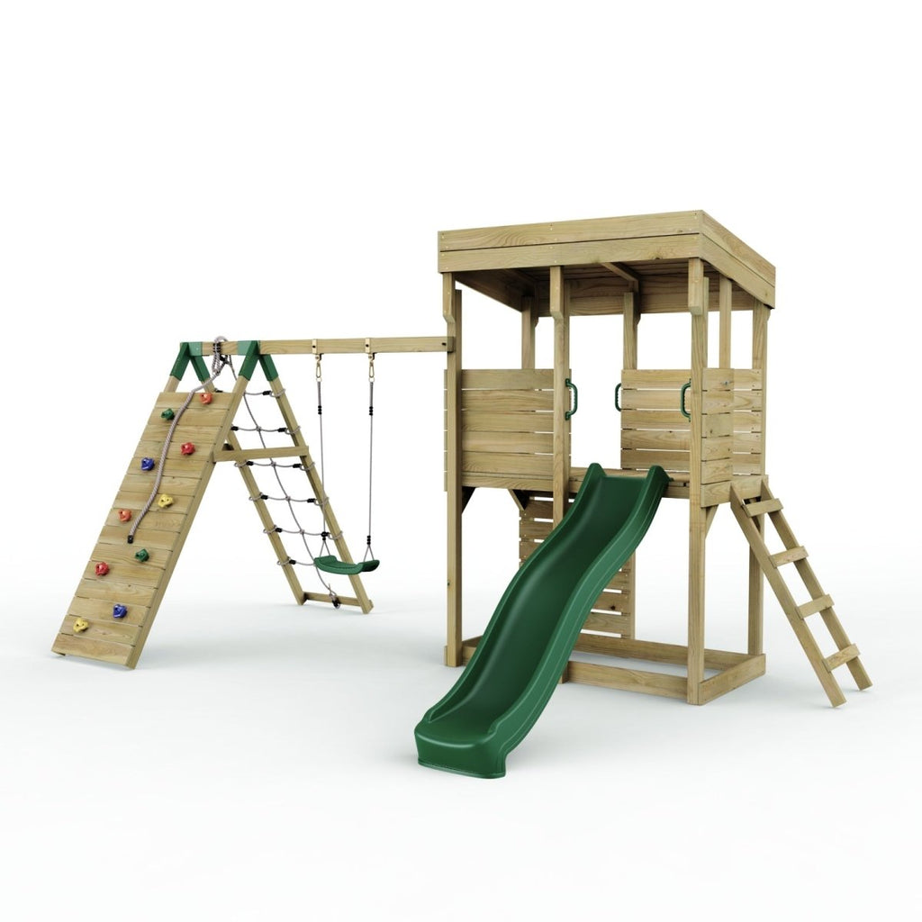 ClassicPlay Outpost XL Lookout Tower with 1.2m Deck, Single Swing, Climbing Wall and Slide