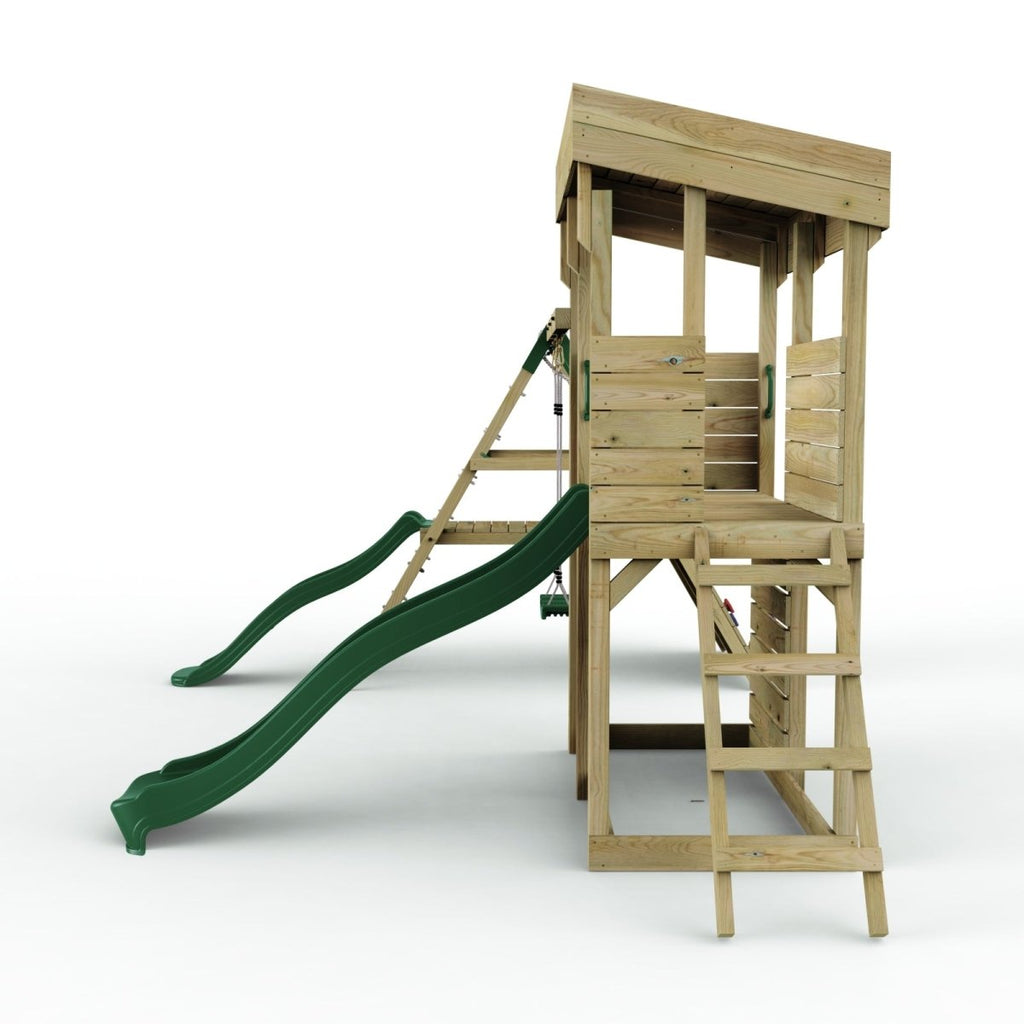 ClassicPlay Outpost XL Lookout Tower with 1.2m Deck, Single Swing, Climbing Wall and Slides