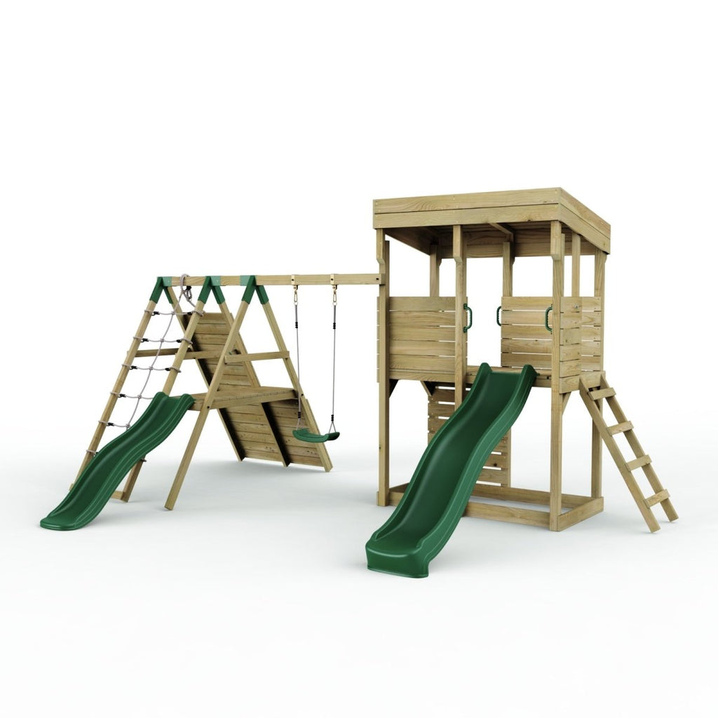 ClassicPlay Outpost XL Lookout Tower with 1.2m Deck, Single Swing, Climbing Wall and Slides