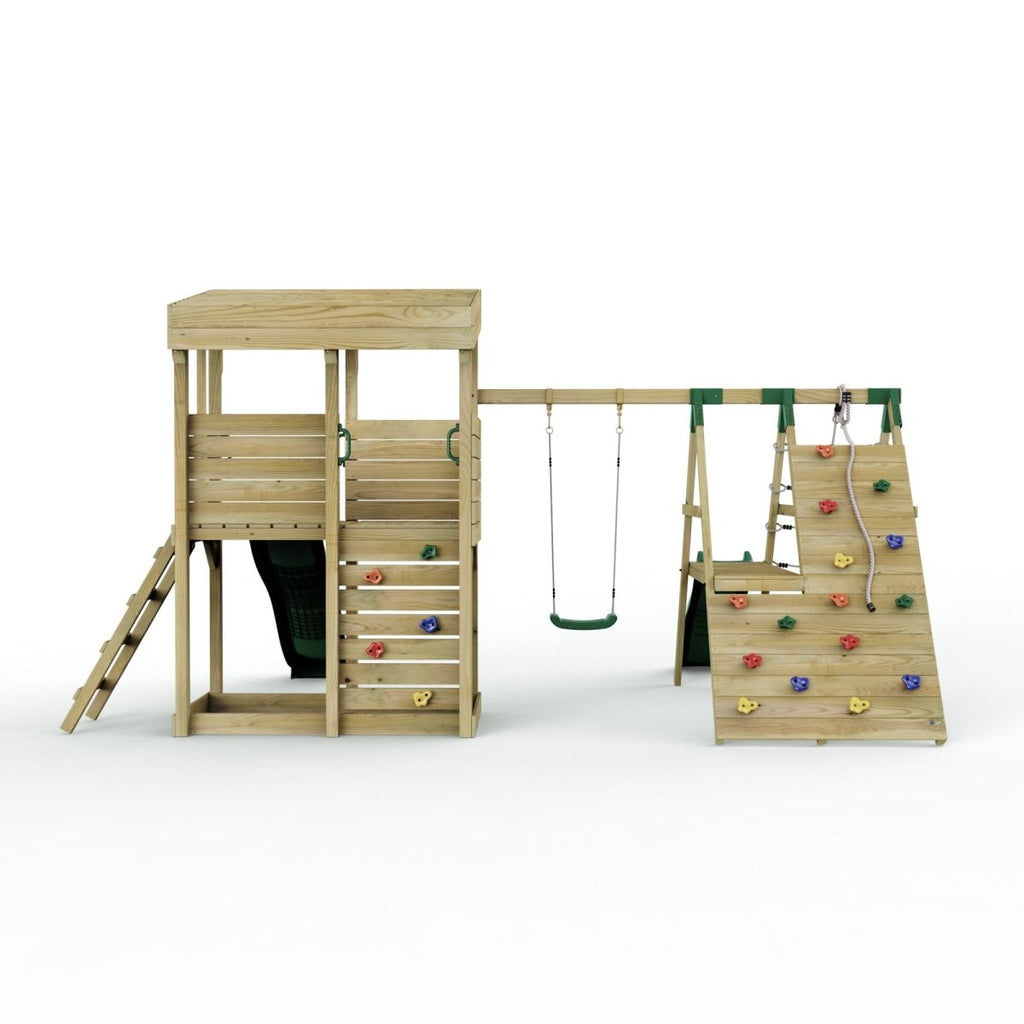 ClassicPlay Outpost XL Lookout Tower with 1.2m Deck, Single Swing, Climbing Wall and Slides