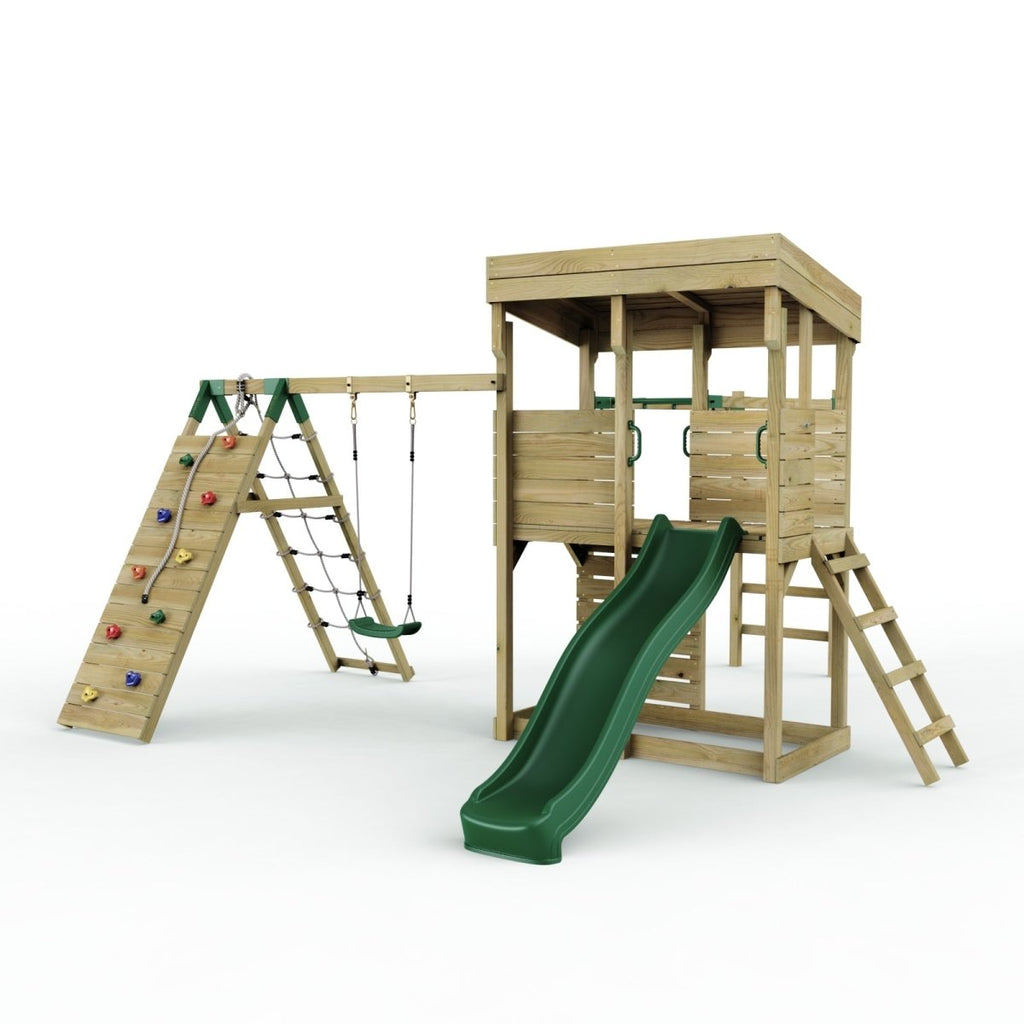 ClassicPlay Outpost XL Lookout Tower with 1.2m Deck, Single Swing, Monkey Bars, Climbing Wall and Slide