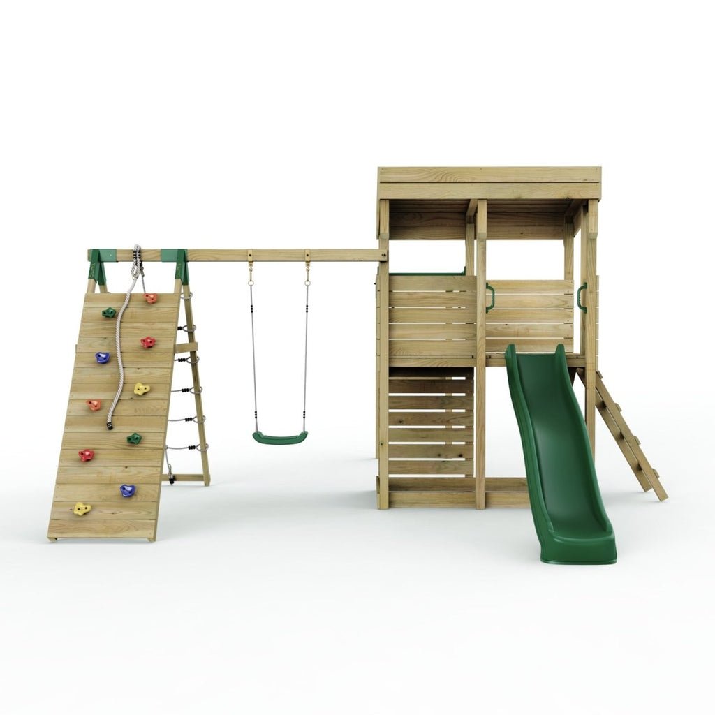 ClassicPlay Outpost XL Lookout Tower with 1.2m Deck, Single Swing, Monkey Bars, Climbing Wall and Slide
