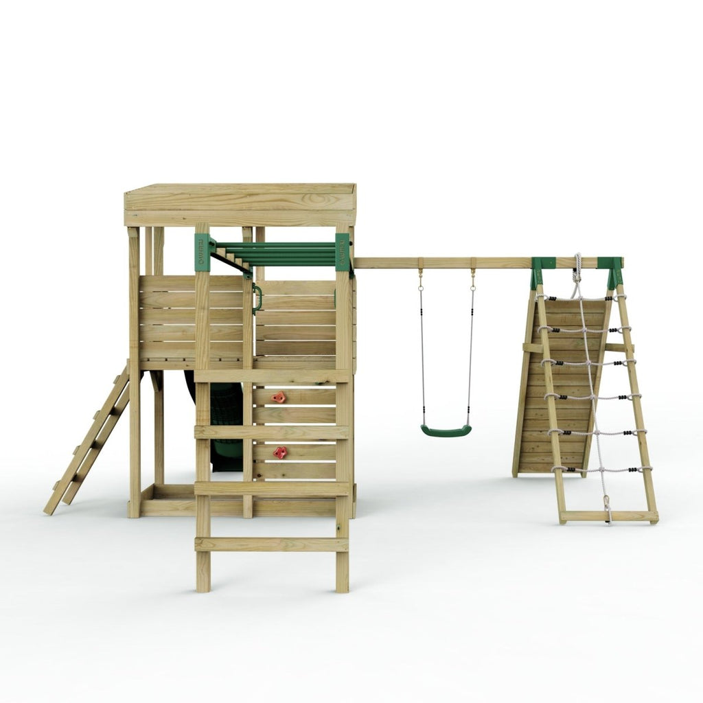 ClassicPlay Outpost XL Lookout Tower with 1.2m Deck, Single Swing, Monkey Bars, Climbing Wall and Slide