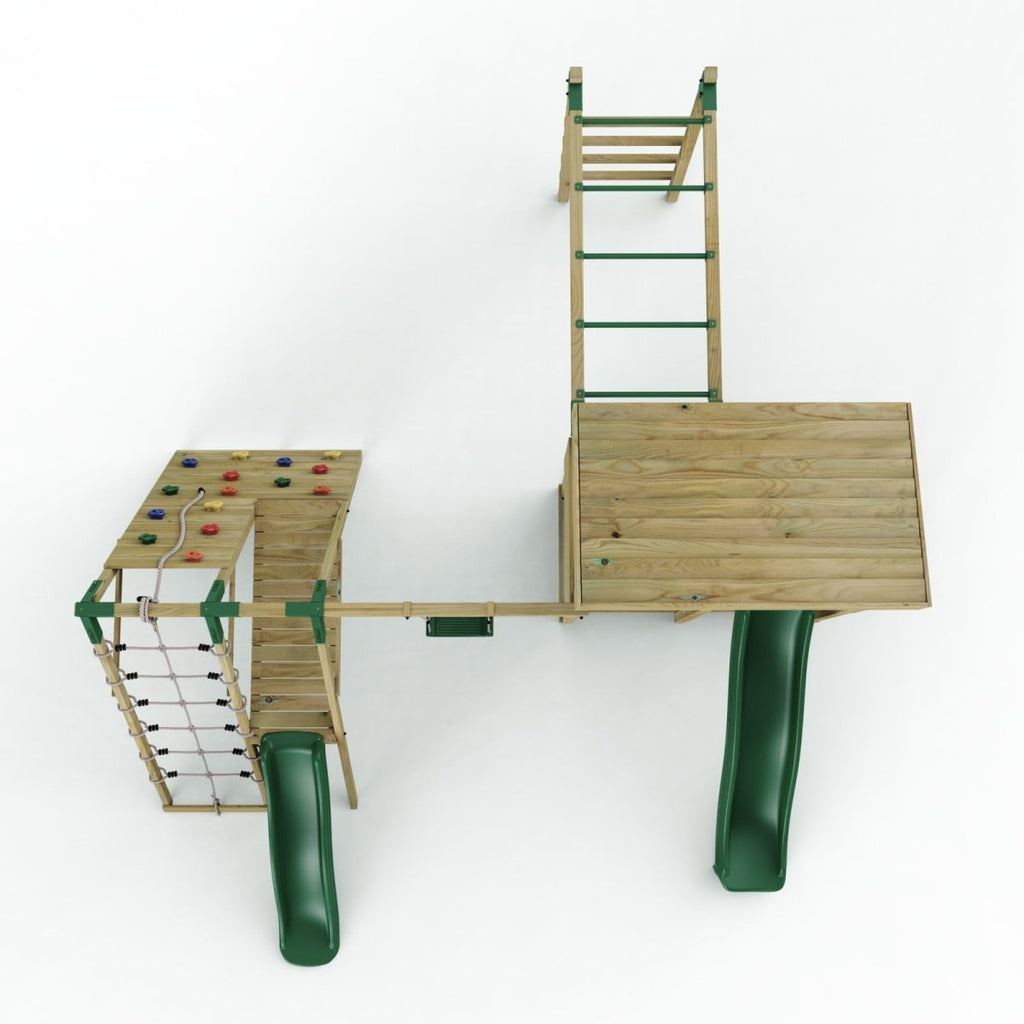 ClassicPlay Outpost XL Lookout Tower with 1.2m Deck, Single Swing, Monkey Bars, Climbing Wall and Slides